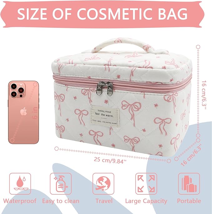Large Makeup Bag, Cute Cosmetic Bag for Women Girls, Floral Coquette Aesthetic Toiletry Bag, Travel Make Up Organizer Bag (Pink Small Butterfly)