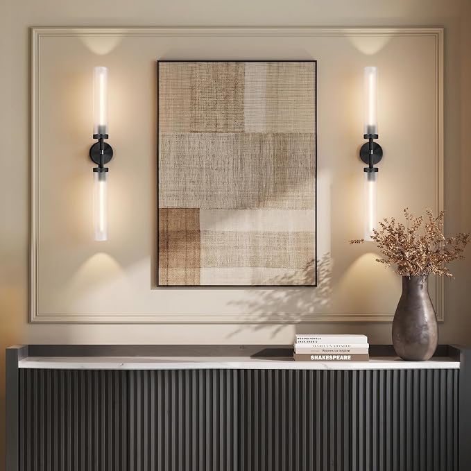 Bblack Knurled Wall Sconce 30", Bathroom Wall Sconce,Glass Tube Brass Sconces Wall Lighting,Bathroom Sconces Side of Mirror,Vanity Sconce Lights for Bath