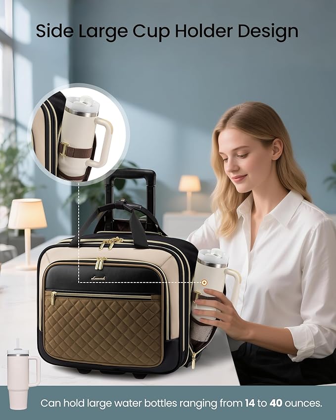 LOVEVOOK Rolling Laptop Bag Women, 17.3 Inch Laptop Briefcase with Wheels for Work Travel Business, Underseat Carry On Luggage Case,Khaki-Apricot