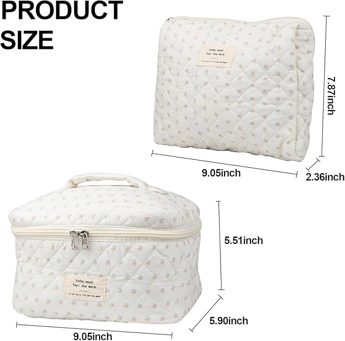 Cute Makeup Bag for Women(2 Pcs), Travel Cosmetic Bags, Quilted Coquette Aesthetic Floral Toiletry Organizer Bag (Little Flower)