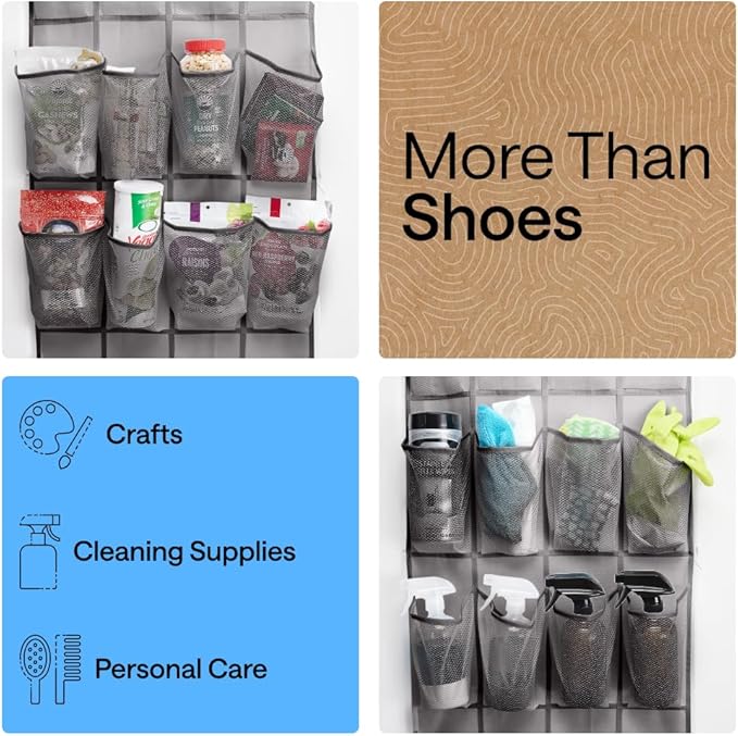 GORILLA GRIP Over the Door Shoe Organizer, 35 Large Breathable Mesh Pockets, Space Saving Hanging Storage Holder, 5 Hook Closet Rack Hanger, Hangs on Closets for Shoes, Accessories 68.5H x 24.5W Grey