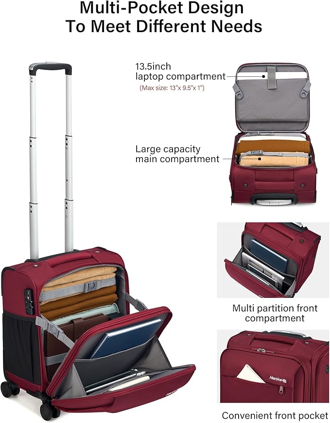Hanke 16 Inch Underseat Carry On Luggage with Wheels Small Suitcase Softside Luggage Bags for Travel Lightweight Suitcases with Wheels Travel Luggage Personal Item for Men and Women(Burgundy)