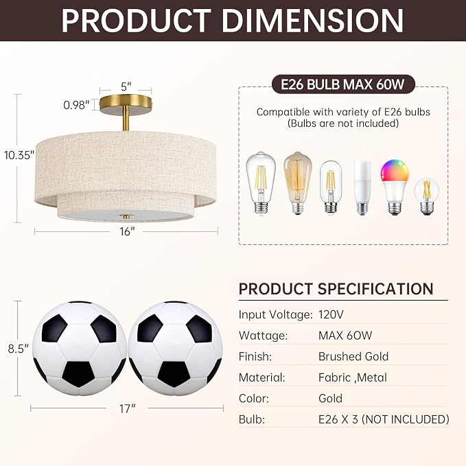 16" Semi Flush Mount Ceiling Light, 3-Light Gold Drum Ceiling Light Fixture | 2-Tier Fabric Linen Shade Design, Farmhouse Chandelier for Dining Room, Living Room, Bedroom, Kitchen, Hallway, Entryway