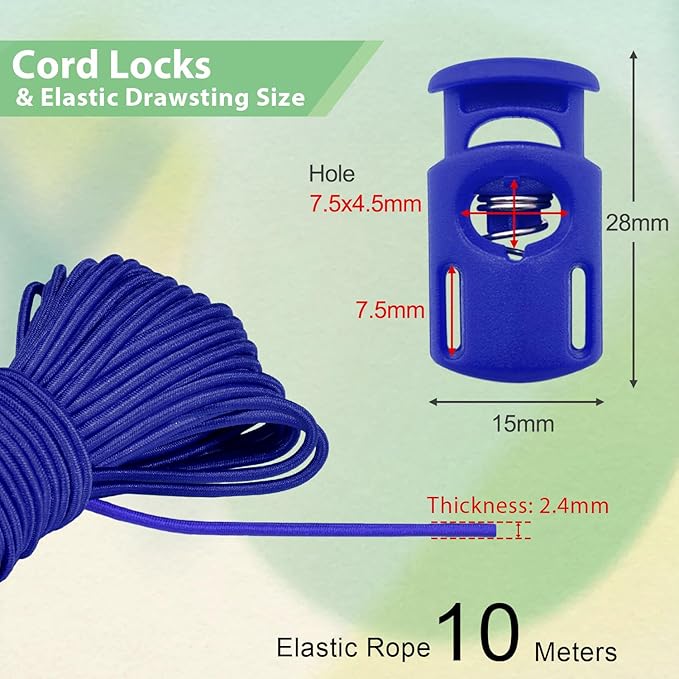 10 Meter 3mm(1/8Inch) Elastic Bungee Shock Cord Stretch String, 25pcs Plastic Cord Locks Spring Toggle Stopper for Drawstring Backpack Shoelaces(Blue)
