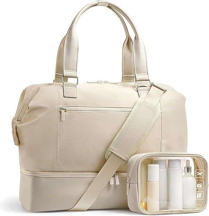 Travel Duffle Bag for Women, 40L Weekender Bags Airline Approved Carry On with Shoe Compartment & Waterproof Wet Pocket, Durable Nylon Weekender Overnight Bag for Travel, Gym, Business Trip, Beige