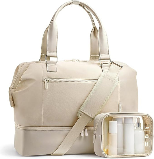 Travel Duffle Bag for Women, 40L Weekender Bags Airline Approved Carry On with Shoe Compartment & Waterproof Wet Pocket, Durable Nylon Weekender Overnight Bag for Travel, Gym, Business Trip, Beige