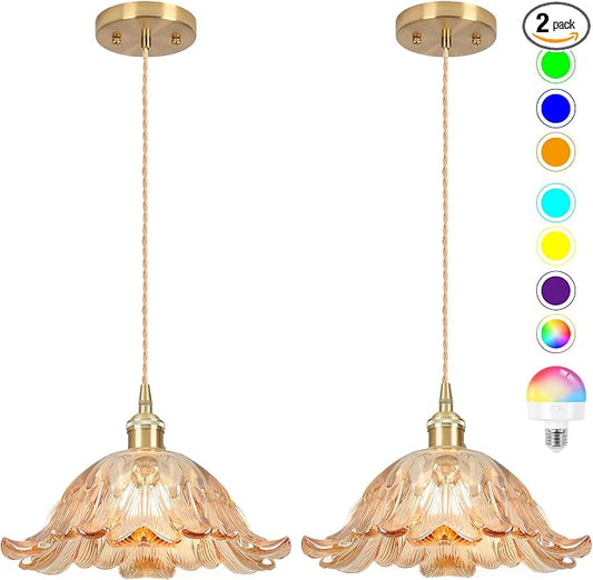 Battery Operated Pendant Light,Amber Chandelier RGB Light Bulb 2500mAh 11in Vintage Light Fixtures with Remote Control Wireless Adjustable Rechargeable Chandelier for Kitchen Island Hallway 2Pack
