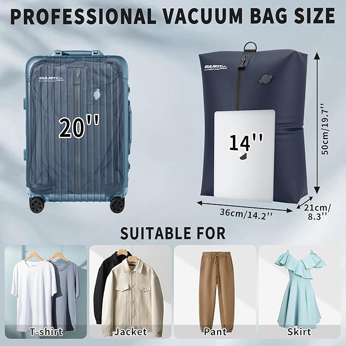 Reusable Vacuum Bags for Travel With Pump,Professional Waterproof IPX8 Zipper Vacuum Compression Bag for Suitcases Backpack,Space Saver Bags Packing Organizers for Clothing Packing(2 Pack,Navy)
