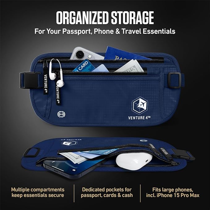 VENTURE 4TH Money Belt for Travel – Hidden Under-Clothes RFID Blocking Passport Holder & Slim Travel Wallet Pouch for Men & Women to Protect Cash, Cards & Documents (Navy Blue)
