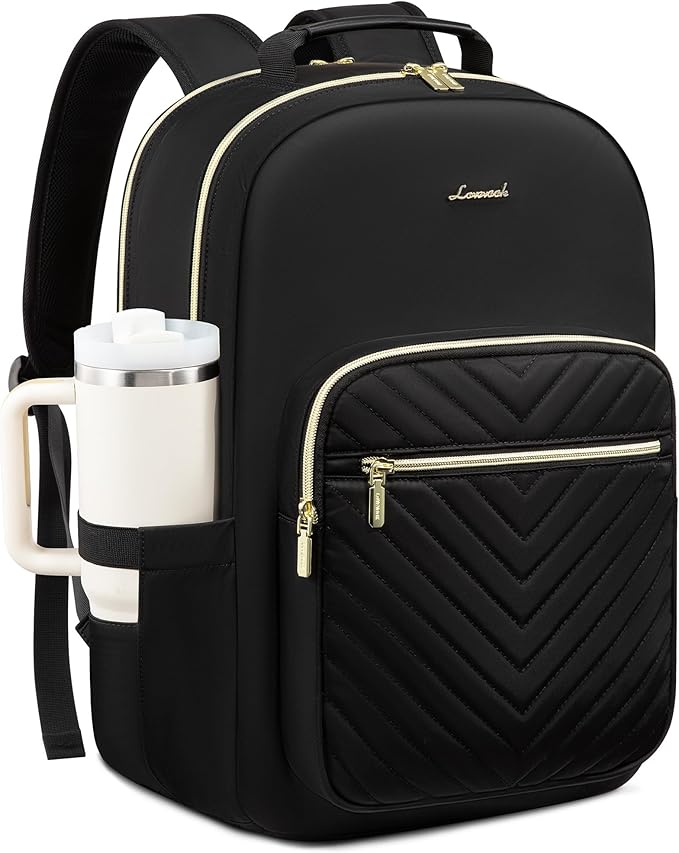 LOVEVOOK Laptop Backpack for Women with Giant Tumbler Holder 17.3 inch,Designer Travel Backpack Laptop Bag College Backpack,Quilted Work Nurse Teacher Backpack Purse Computer Bag Casual Daypack, Black