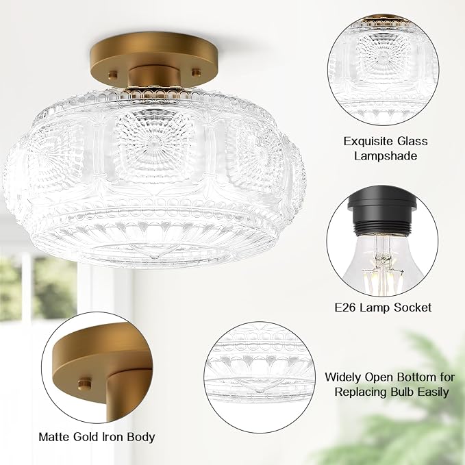 11 Inch Globe Glass Semi Flush Mount Ceiling Light Fixture, Gold | Beautiful Light Shadow, Easy to Install, Bright Ambiance, Vintage & Modern Lighting for Dining Room Living Room Bedroom