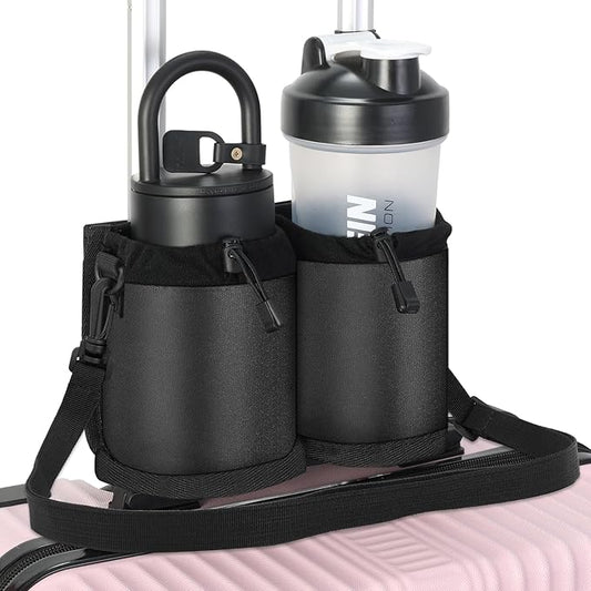 Extra Luggage Cup Holder Free Hand Drink Caddy for Suitcases to Travel and Business Trip,Travel Must Haves Men Women,Holds Two Coffee Cups,Passport,Flight Attendant Essential Organizer-Black