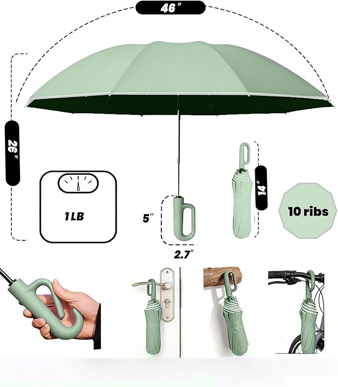 SIEPASA Travel Umbrella with Carabiner Handle - Windproof 10 Ribs Auto Open/Close for Rain & Sun Protection, Compact Portable Clip-on Backpack Design with Safety Reflective Strip.