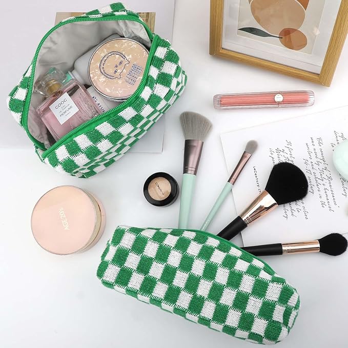 EIMMBD Makeup Bag 3 Pieces Large Capacity Checkered Cosmetic Bags Travel Toiletry Bag Organizer Cute Makeup Pouch Storage for Women (Green)