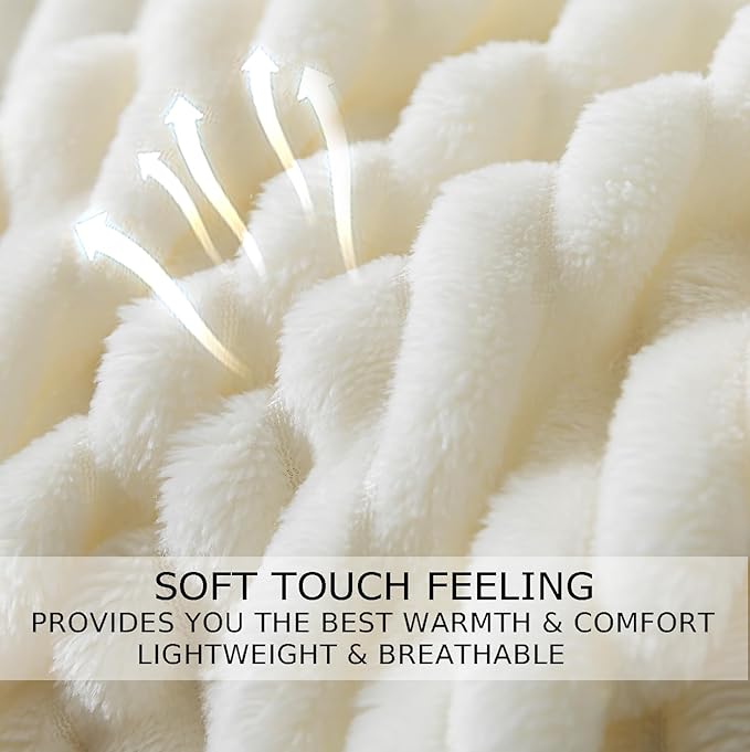 Cuddly Queen Size Blanket, Fluffy Fleece, Warm & Soft with Striped Pattern, 90x90 Inches, Cream