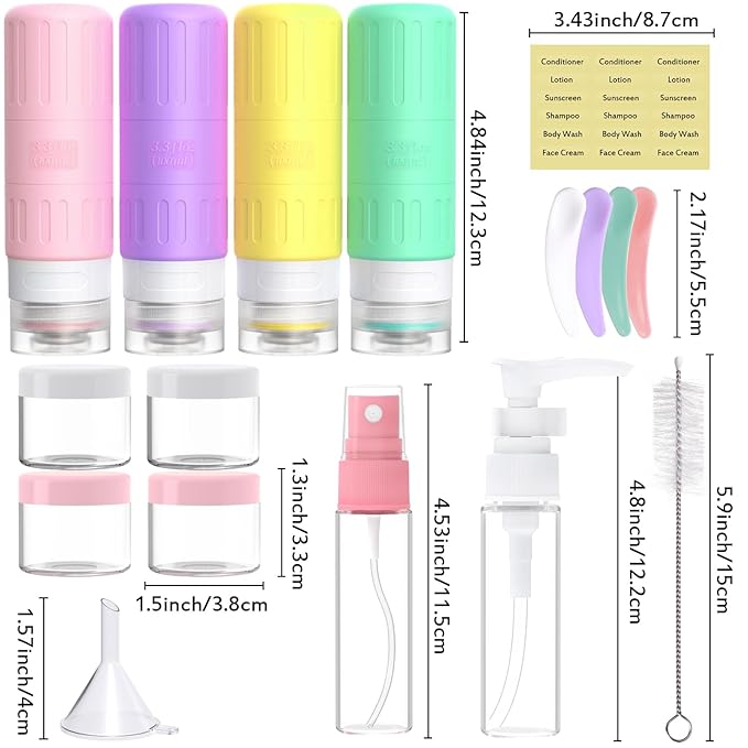 GLAMFIELDS Travel Bottles for Toiletries,TSA Approved 3.3oz Size LeakProof Silicone Toiletry Containers for Shampoo, Conditioner,Easy to Squeeze，Portable Travel Essentials for Lotion(18 Pack) Macaron