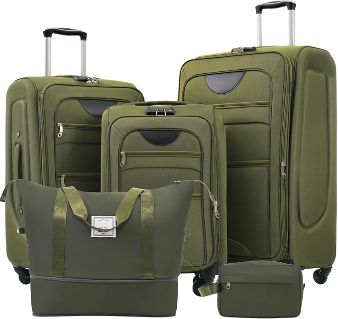 Luggage Sets Softside Expandable 3 Piece Set Lightweight Suitcase with Duffel Bag Upright Spinner Softshell, TSA Lock Carry On for Business for Family Travel (Army Green, 22"/26"/30")