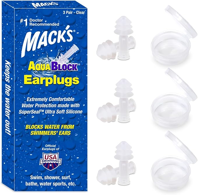 Mack's AquaBlock Swimming Earplugs, 3 Pair | Waterproof, Reusable Silicone Ear Plugs for Swimming | Swim Ear Plugs for Snorkeling, Showering, Surfing, Bathing (Clear)