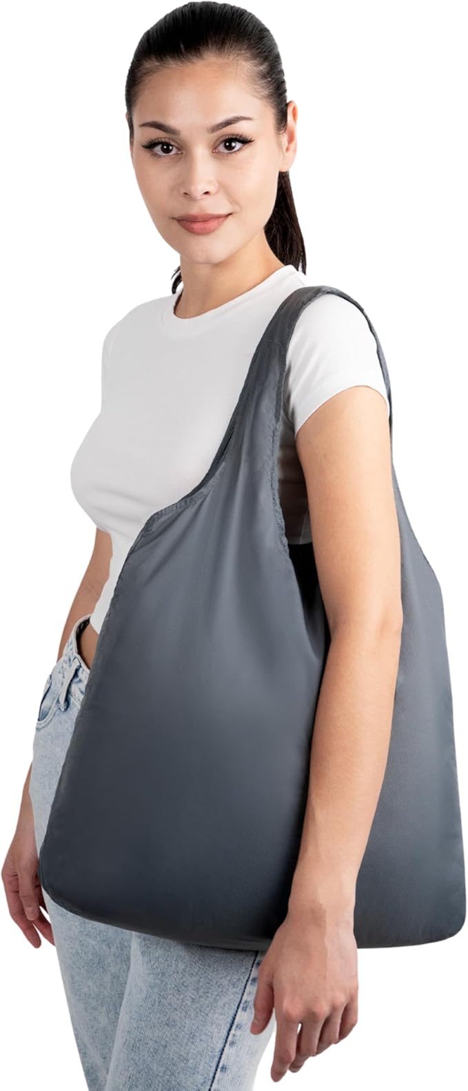 Nanobag Ultralight Heavy Duty Foldable Tote for Women & Men, Reusable Grocery & Travel Bag, Packable Collapsible Compact Market Essential (XL Gray)
