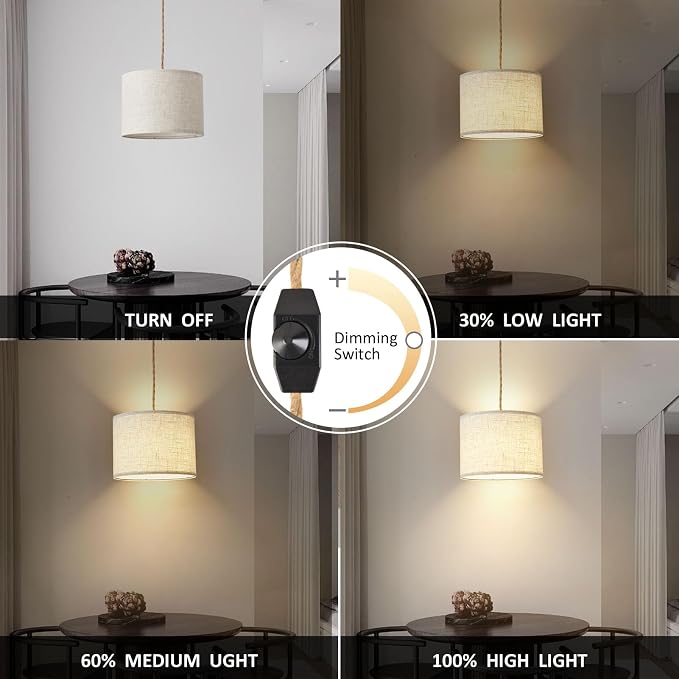 KUAUGST Plug in Pendant Light, Hanging Light with Plug in Cord with Dimmable Switch, Hanging Lamp with 15ft Hemp Rope, Beige Linen Shade, Fixture for Bedroom, Living Room 2 Pack