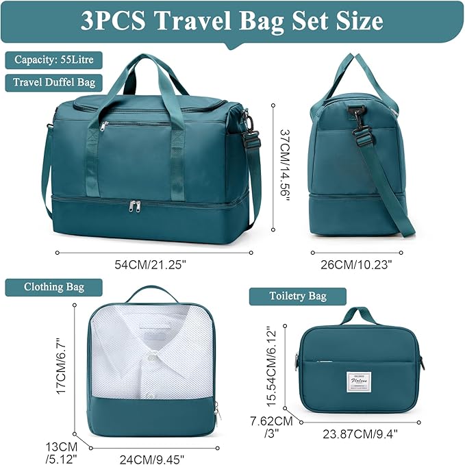 Extra Large Travel Duffle Bag,Carry on Overnight Weekend Bag with Shoes Compartment,Weekender Bags for Women for Travel Business Trips Sport Hospital,3 Pcs Set,Peacock Blue