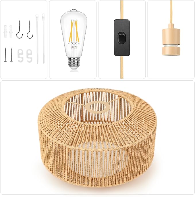 Qingmiao Boho Plug in Pendant Light, Handwoven Shade, 3 Way Bulb, 14ft Cord | Rattan Hanging Lamp Plug in, Dimmable Hanging Light Fixture for Living Room Bedroom Kitchen Ceiling Farmhouse Home Decor