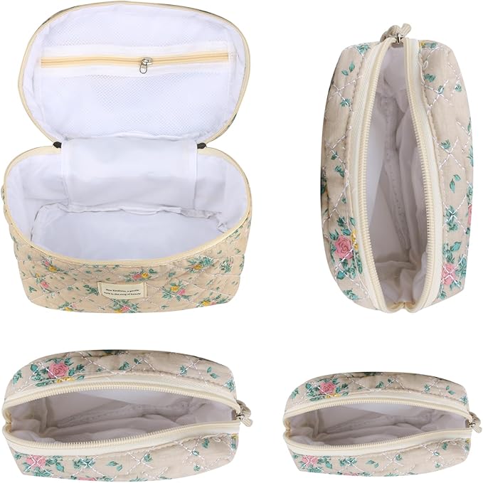 Cute Makeup Bag for Women(2 Pcs), Travel Cosmetic Bags, Quilted Coquette Aesthetic Floral Toiletry Organizer Bag (45 - Yellow Rose/4PCS)