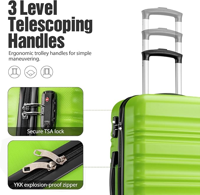 LONG VACATION 6 Piece Luggage Set Carry on Suitcase with ABS+PC hardshell, Spinner Wheels & YKK Zipper TSA Lock (APPLE GREEN, 6 piece set)