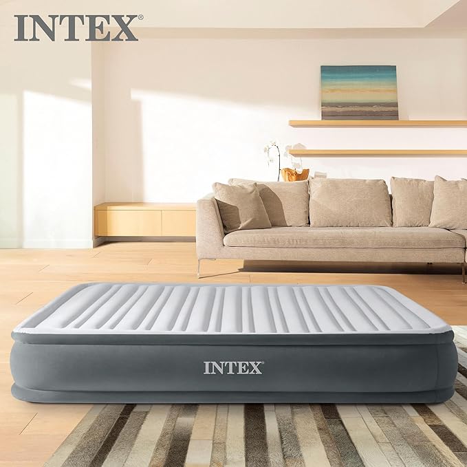 Intex Mid-Rise Air Mattress Bed with Built-in Pump, Dura-Beam Deluxe Comfort Plush, Queen - Portable Luxury Travel Airbed for Adults, Camping, Guests