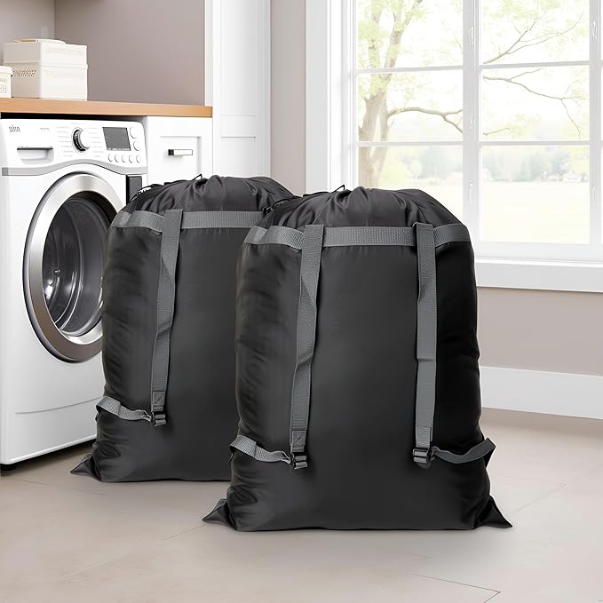 2 Pack Laundry Bag Backpack, 27” x 34”Sturdy Laundry Bag with Shoulder Straps Drawstring Closure Heavy Duty Foldable Laundry Backpack for College, Travel, Laundromat, Apartment (Black)