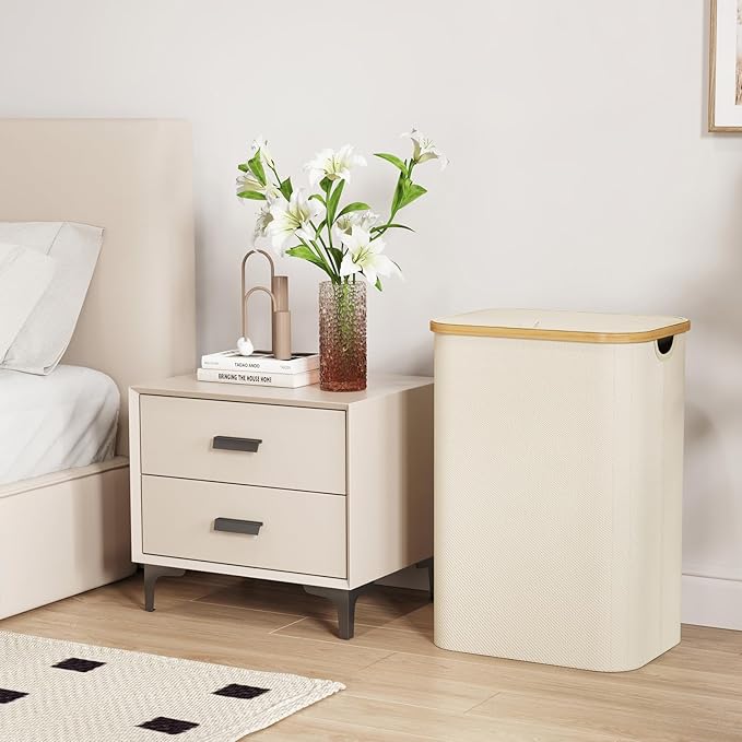 Lifewit 80L Laundry Basket with Lid, Clothes Hampers for Laundry with Bamboo Handles and 1 Removable Bag, Large Foldable Laundry Hamper for Bedroom, Bathroom, Dorm, Laundry Room, White