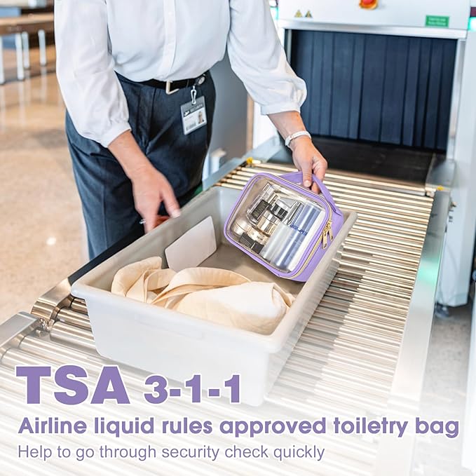 Wedama TSA Approved Toiletry Bag, 3 Pack Clear Makeup Bags with Handles, Quart Size PVC Clear Cosmetic Bags for Women and Men, Carry on Airport Airline Compliant Bag, Purple