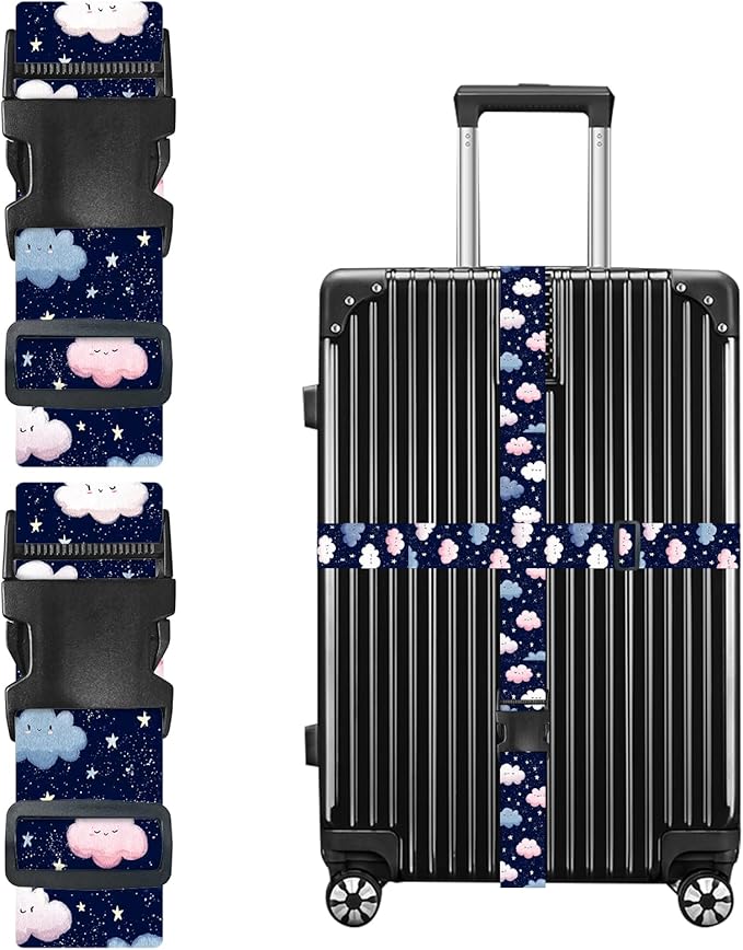 Nuxovilar Luggage Straps of 2 Set Cartoon Clouds Stars Pattern, 1.96x90.5 inches - Luggage Straps for Suitcases, Great for Night Trips, Family Travel, Daily Use
