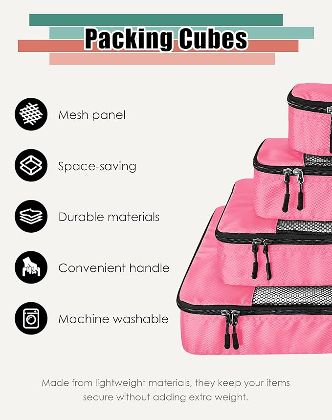 4-Piece Packing Cubes Travel Accessories Set for Suitcases - Luggage Organizer Bags with Double Zipper - Mesh Top - Small/Medium/Large/Slim - Pink