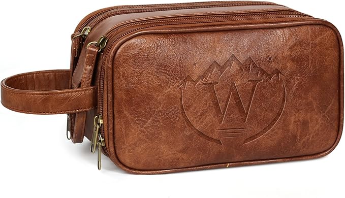 Travel Toiletry Bag for Men,Mens Shaving Bags for Toiletries,Men's Toiletry Travel Bag PU Leather,Personalized Travel Essentials,Birthday Gifts For Men,Brown- W