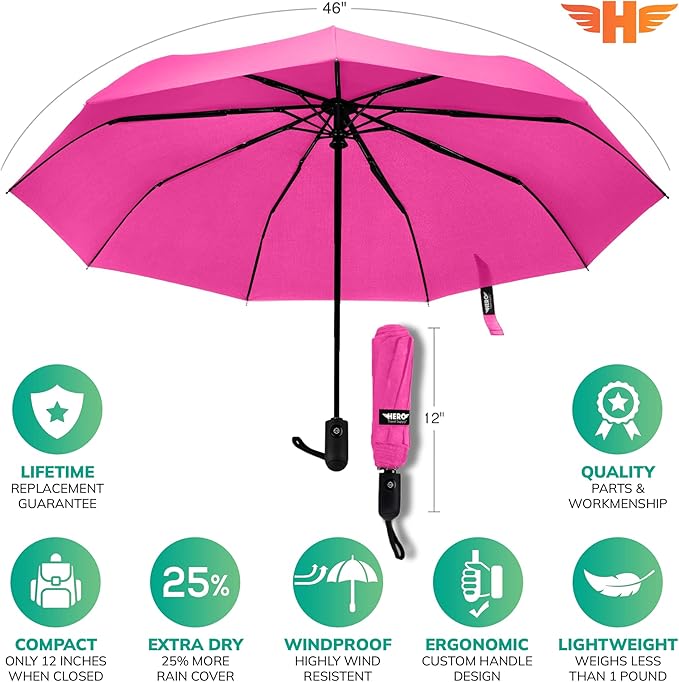 HERO Travel Umbrella - Compact Umbrellas for Rain, Windproof Auto Open Close, Large Coverage Portable Umbrella for Purse and Backpack