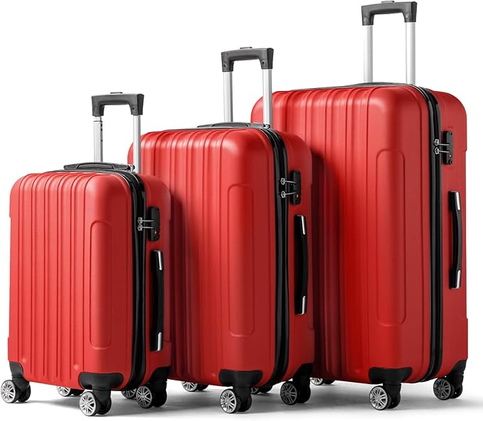 Karl home Luggage Sets 3 Piece, Hardside Carry on Suitcase Sets with Spinner Wheels & TSA lock, Portable Lightweight ABS Luggages for Travel, Business - Bright Red, 20/24/28in
