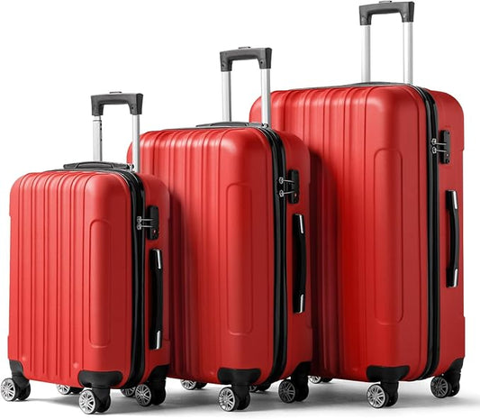 Karl home Luggage Sets 3 Piece, Hardside Carry on Suitcase Sets with Spinner Wheels & TSA lock, Portable Lightweight ABS Luggages for Travel, Business - Bright Red, 20/24/28in