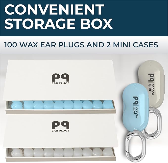 Peace&Quiet | PQ 100 Wax Ear Plugs for Sleeping - Silicone Wax Earplugs for Sleeping and Swimming, Gel Ear Plugs for Noise Cancelling, Sleeping Earplugs, Sound Blocking 32 Db (100 Pillows), White Blue