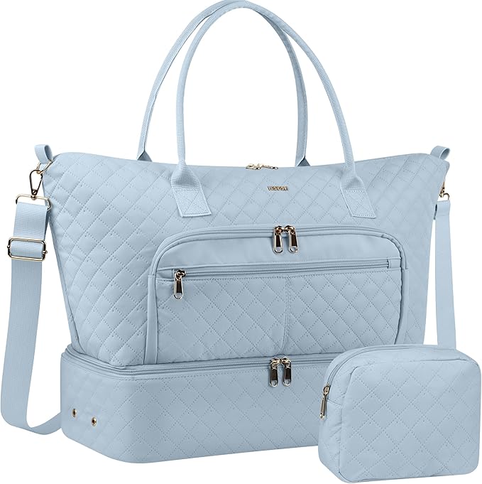 HOTOR Travel Duffle Bag for Women - Carry on Bag with Toiletry Pouch & Shoe Compartment, Large Overnight Weekender Bags for Gym, Business Trips, Sports and Hospital, Blue, 17.3" x 7.9" x 13.4"