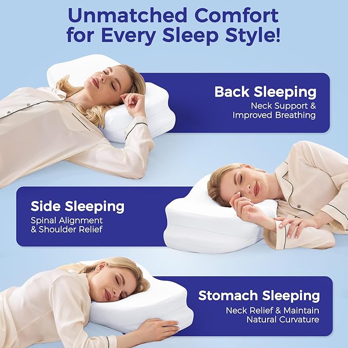 Cervical Neck Pillow for Pain Relief, Ergonomic Contour Pillow for Sleeping, Back Stomach Side Sleeper Pillows for Adults, Memory Foam Dual-Height Neck Support Pillow with Cooling Case, White