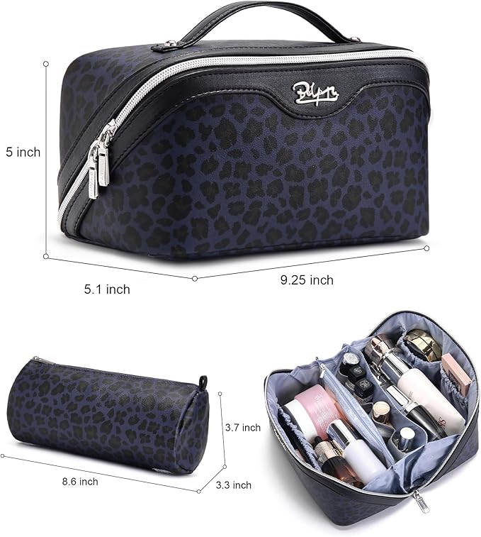 BOYATU Travel Makeup Bags Cosmetic Organizer Bag: 3 Pcs Set Large Capacity Make up Bag with Compartments - Waterproof Leather Toiletry Bags with Handle for Women (B-Blue)