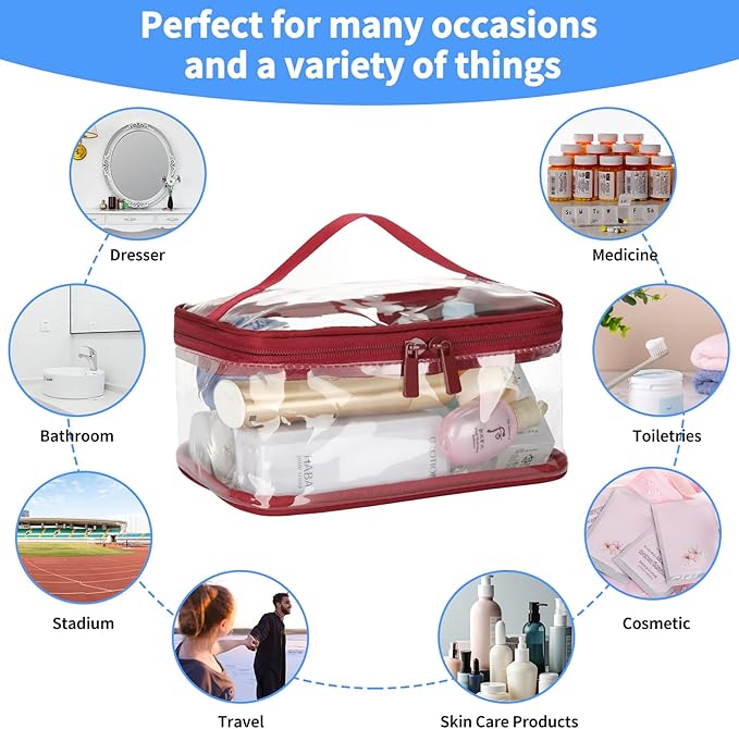 HAOGUAGUA 2 Pieces Clear Makeup Bags Cosmetic Toiletry Bags for Traveling, Waterproof Travel Transparent TSA APPROVED Carry On Airport Airline Compliant Bag (2 PIECES RED)