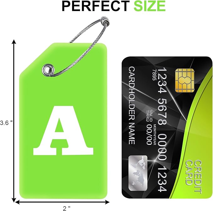 Gostwo 8 Pack Luggage Tags for Suitcases, 26 Initial Letter Travel Luggage Baggage Identification Labels ID Tags Fully Bendable Tags with Stainless Steel Loop (Letter A, Green)