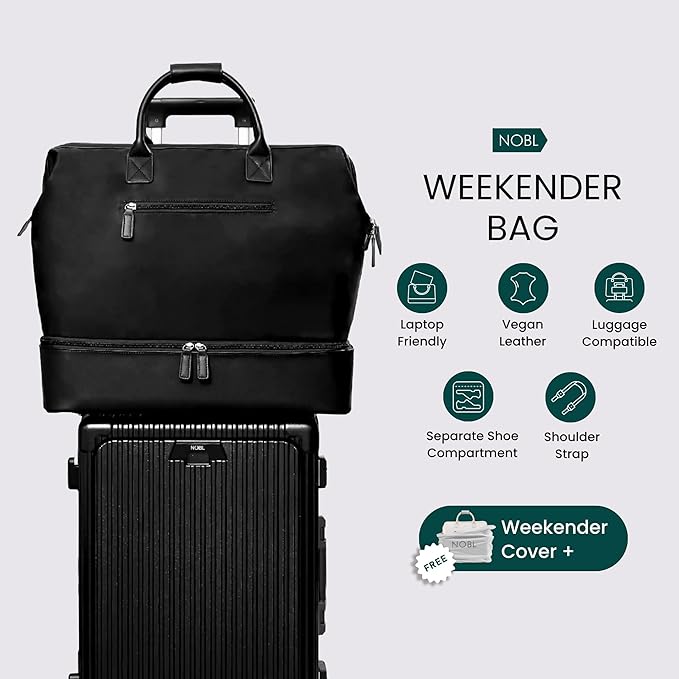 Nobl Travel Weekender Bag for Women & Men, Large Duffel Carry-On Tote with Trolley Sleeve, Separate Shoe Compartment & Laptop Pocket, Leather Overnight Bag for Airplane, Gym, Road Trips - Jet Black