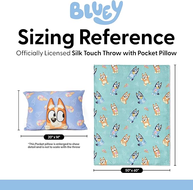 Northwest Bluey Bingo Joy Silk Touch Throw Blanket 50 x 60 Inches with Plush Pocket Pillow 14 x 20 Inches - Comfy & Cozy Blanket & Pillow Set for Boys and Girls