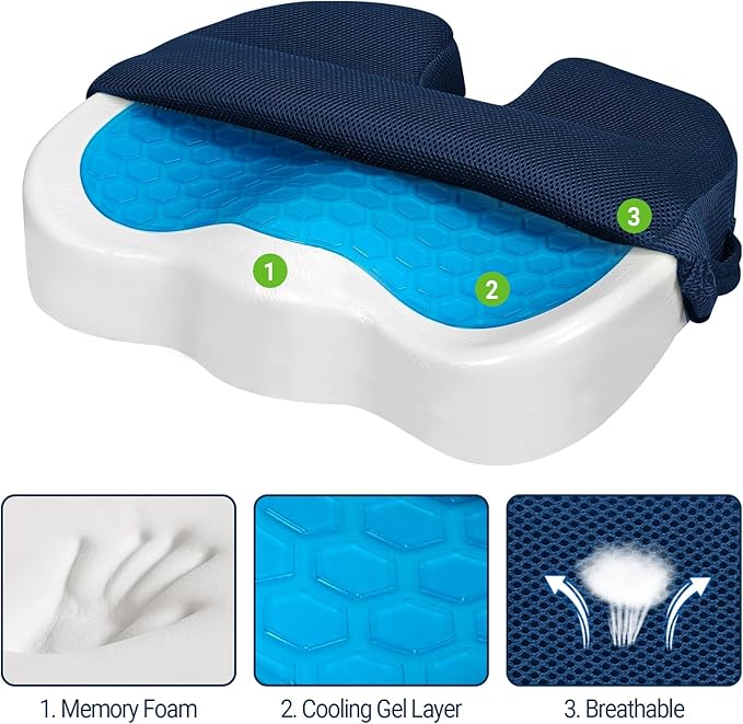 Season Guard Tailbone Pain Relief Office Chair Seat Cushion, Memory Foam Gel Seat Cushion for Sciatica Pain Relief with Washable Cover, Butt Cushion for Long Sitting, Mesh, Blue