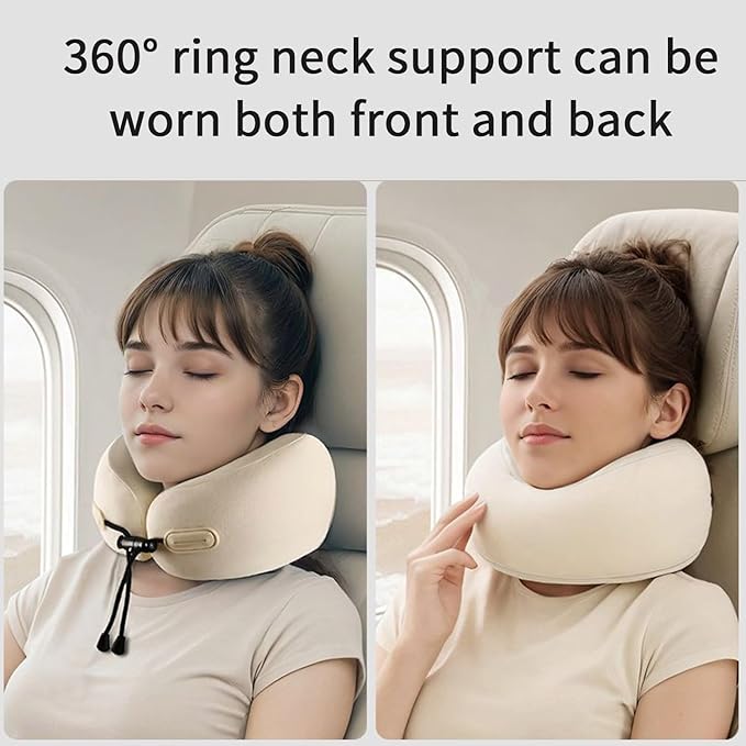 Travel Neck Pillow with Storage Case, 100% Pure Memory Foam, Airplane Head Support for Flight Sleeping, Portable, Beige