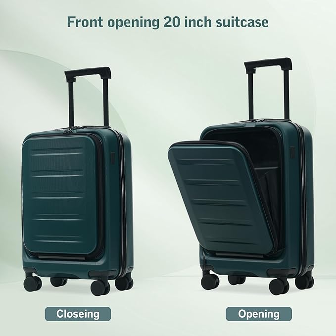 Merax Luggage Sets 5 Piece Front Open, Hardside 20" Carry On Suitcase Set with USB Port,Lightweight Expandable Travel 24" 28" Luggage with Bags TSA Locks Double Spinner Wheels,Dark Green