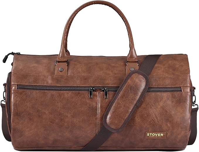 STOVER Garment Travel Duffle Bag, Large 2-in-1 Convertible Carry-on Luggage for Men & Women- Hanging Suits, Dresses & Clothes + Shoe Compartment- Weekender Tote Combo Duffel (Brown Leatherette)